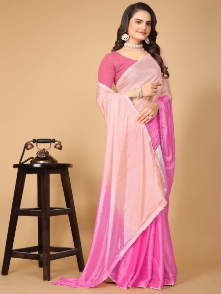 Pink Solid Plain Lace Border Fix Diamond Work Designer Saree Designer Sarees