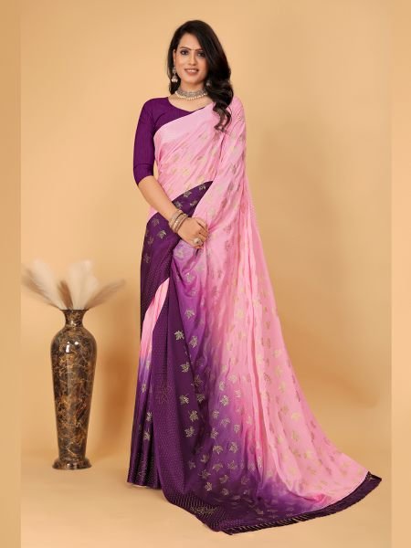 Pink   Wine Diamond Work Zari Butta Party Wear Saree  Sale