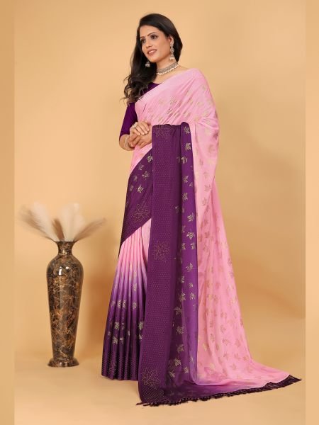 Pink   Wine Diamond Work Zari Butta Party Wear Saree  Designer Sarees