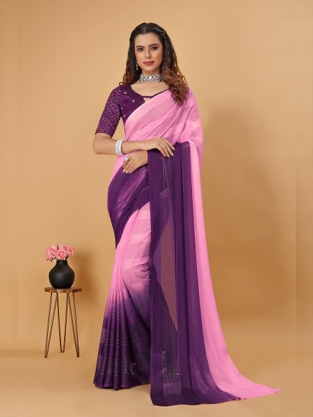 Pink   Wine Plain Satin Striped Georgette Saree Sale