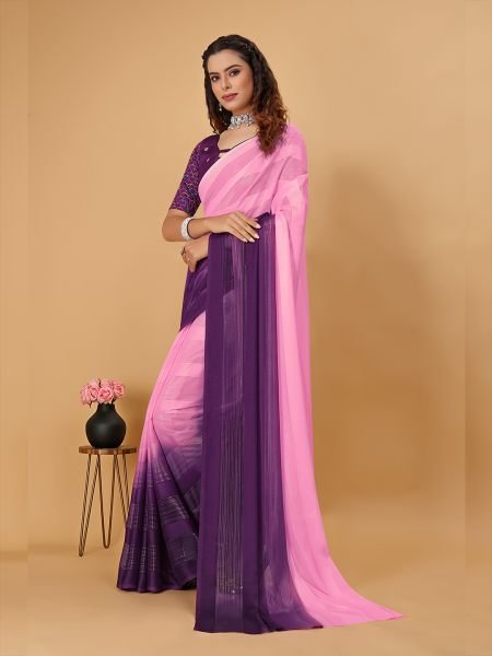 Pink   Wine Plain Satin Striped Georgette Saree Designer Sarees