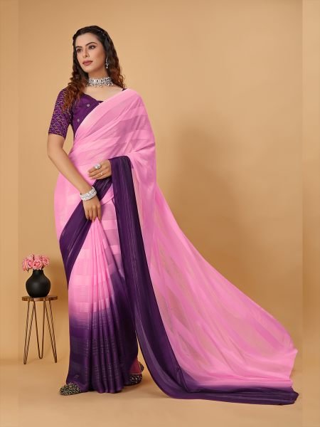 Pink   Wine Plain Satin Striped Georgette Saree Designer Sarees