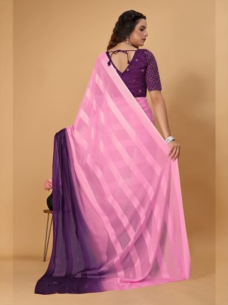 Pink   Wine Plain Satin Striped Georgette Saree Designer Sarees