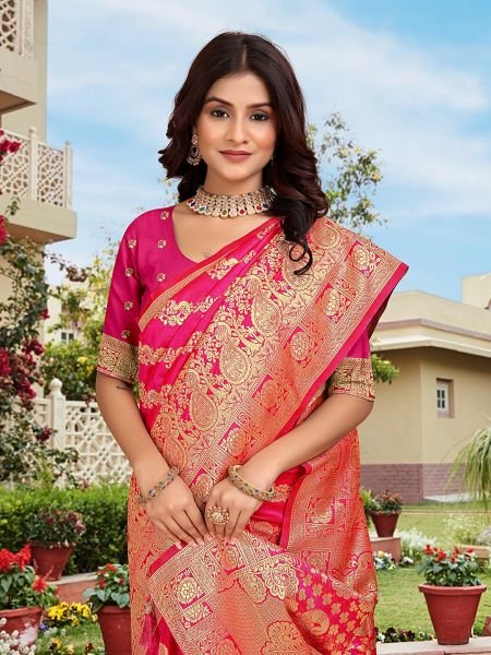 Pink Woven Jacquard Kanjivaram Pure Silk Saree Banarasi Sarees
