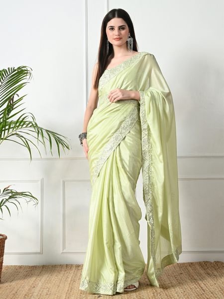 Pista Chic Party Wear A Modern Chinon Solid Saree with an Embroidered Lace Border Sale