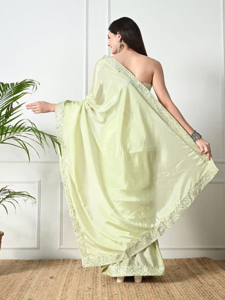 Pista Chic Party Wear A Modern Chinon Solid Saree with an Embroidered Lace Border Designer Sarees