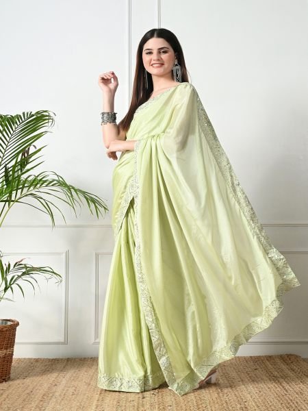 Pista Chic Party Wear A Modern Chinon Solid Saree with an Embroidered Lace Border Designer Sarees