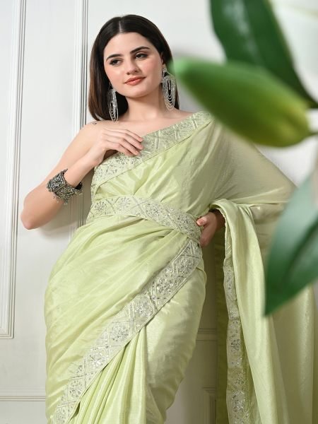 Pista Chic Party Wear A Modern Chinon Solid Saree with an Embroidered Lace Border Designer Sarees