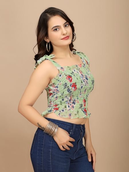 Pista Floral Print Georgette Sleeveless Crop Top with Elastic Closure Tops & Tshirts