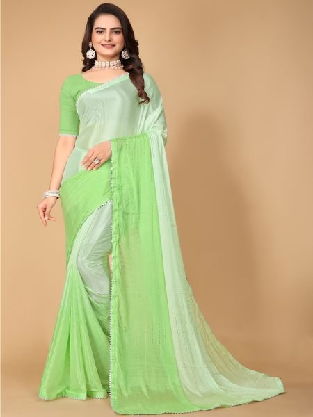 Pista Green Solid Plain Lace Border Fix Diamond Work Designer Saree Sale