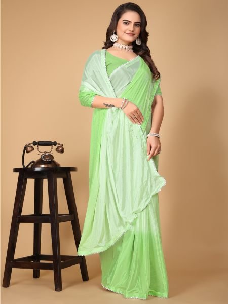 Pista Green Solid Plain Lace Border Fix Diamond Work Designer Saree Designer Sarees