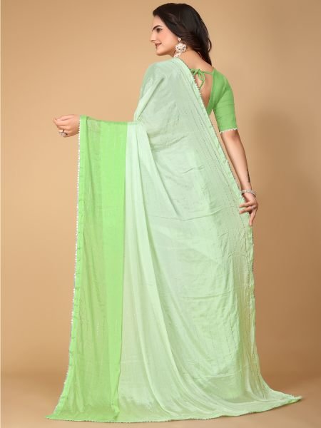 Pista Green Solid Plain Lace Border Fix Diamond Work Designer Saree Designer Sarees