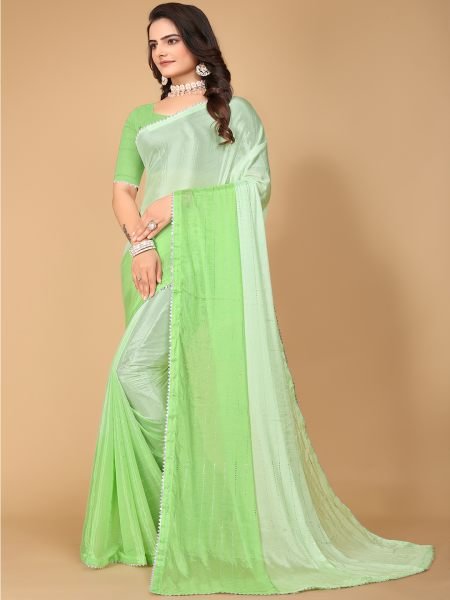 Pista Green Solid Plain Lace Border Fix Diamond Work Designer Saree Designer Sarees