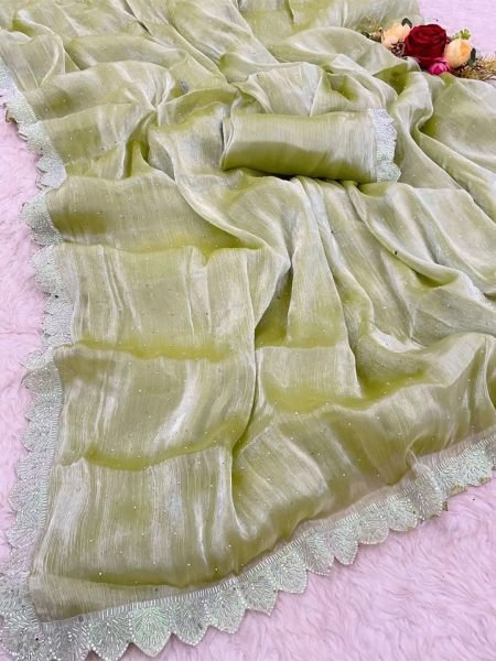 Pista Organza Beads and Val Border Party Wear Saree Sale