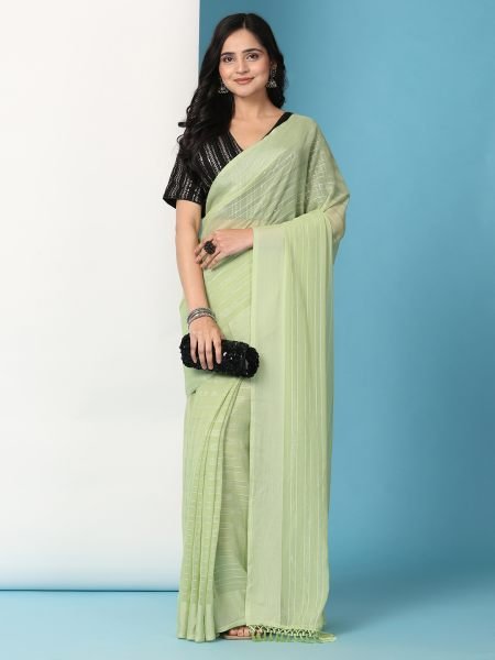 Pista Ready To Wear Chiffon Saree With Stitched Blouse Ready To Wear Sarees