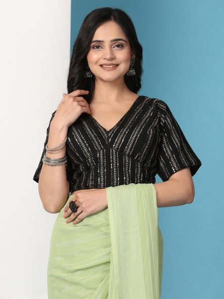 Pista Ready To Wear Chiffon Saree With Stitched Blouse Ready To Wear Sarees