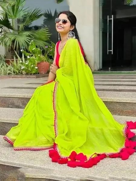 Plain Georgette Saree With Embellished Lace Border Embroidered Sarees