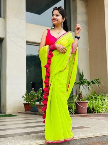 Plain Georgette Saree With Embellished Lace Border Embroidered Sarees