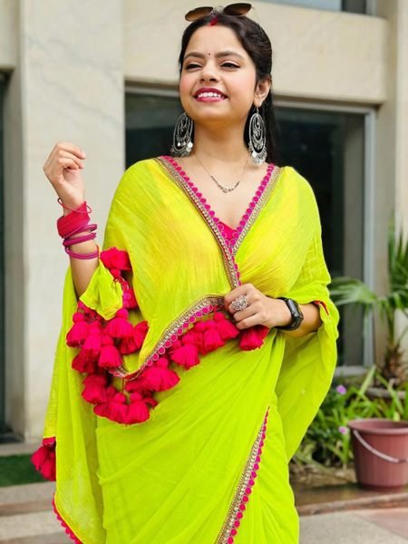 Plain Georgette Saree With Embellished Lace Border Embroidered Sarees