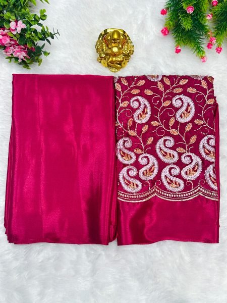 Plain Solid Silk Saree with Embroidered Thread   Bead Work Blouse   Elegant Festival   Party Wear Saree Daily Deals