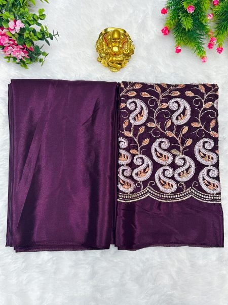 Plain Solid Silk Saree with Embroidered Thread   Bead Work Blouse   Elegant Festival   Party Wear Saree Daily Deals