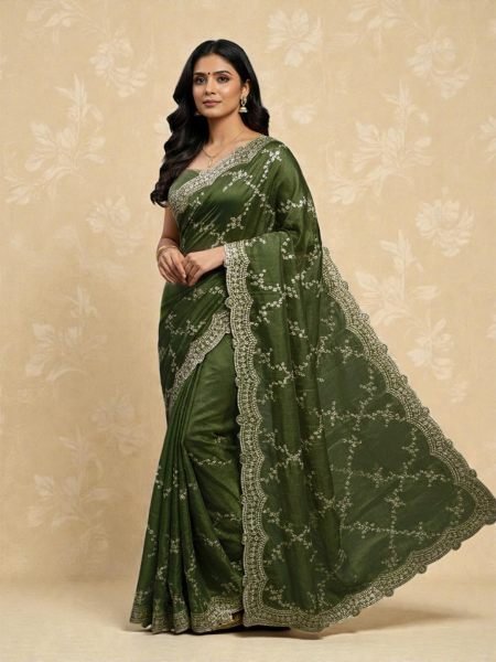 Premium Chiffon Satin Silk Saree with All Over Lehriya Sequin Work   Scalloped Embroidered Border Saree