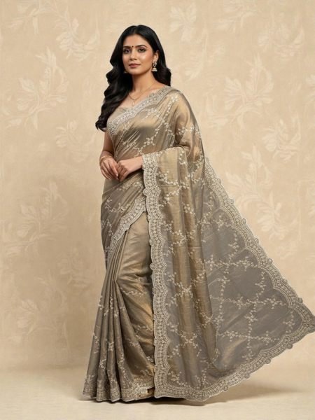 Premium Chiffon Satin Silk Saree with All Over Lehriya Sequin Work   Scalloped Embroidered Border Saree