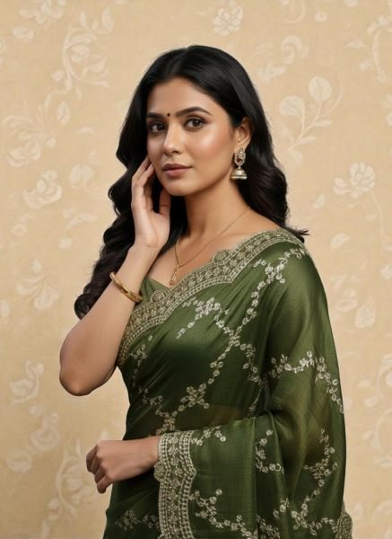 Premium Chiffon Satin Silk Saree with All Over Lehriya Sequin Work   Scalloped Embroidered Border Designer Sarees