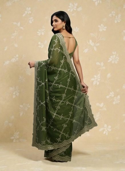 Premium Chiffon Satin Silk Saree with All Over Lehriya Sequin Work   Scalloped Embroidered Border Designer Sarees