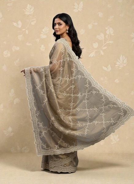 Premium Chiffon Satin Silk Saree with All Over Lehriya Sequin Work   Scalloped Embroidered Border Designer Sarees