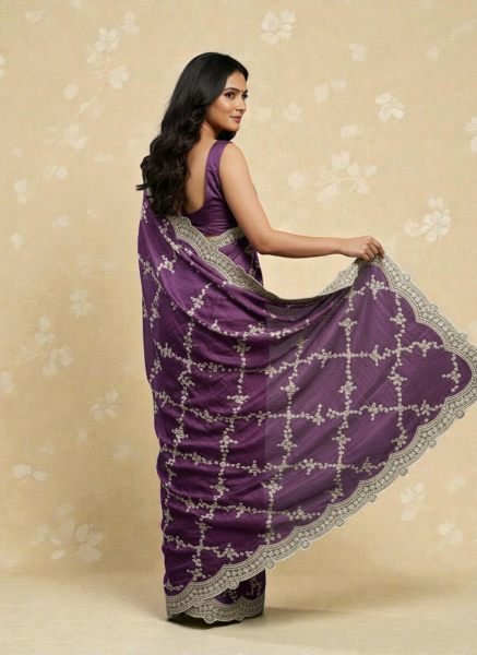 Premium Chiffon Satin Silk Saree with All Over Lehriya Sequin Work   Scalloped Embroidered Border Designer Sarees