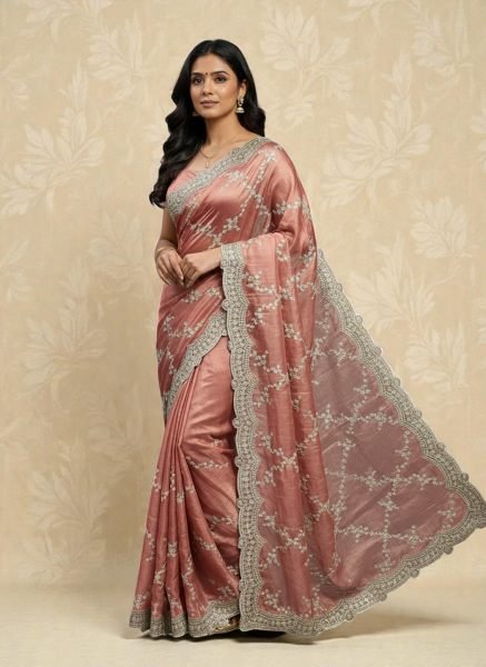 Premium Chiffon Satin Silk Saree with All Over Lehriya Sequin Work   Scalloped Embroidered Border Designer Sarees