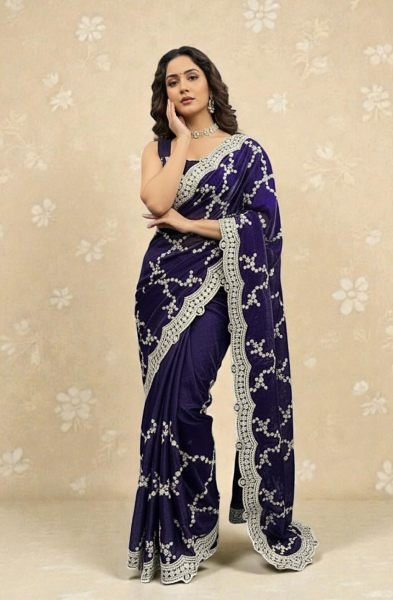 Premium Chiffon Satin Silk Saree with All Over Lehriya Sequin Work   Scalloped Embroidered Border Designer Sarees