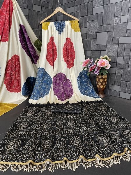 Premium Satin Silk Bandhani Print Saree with Contrast Border Saree