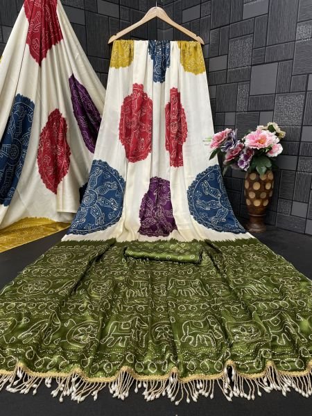 Premium Satin Silk Bandhani Print Saree with Contrast Border 