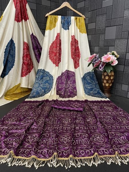 Premium Satin Silk Bandhani Print Saree with Contrast Border Saree