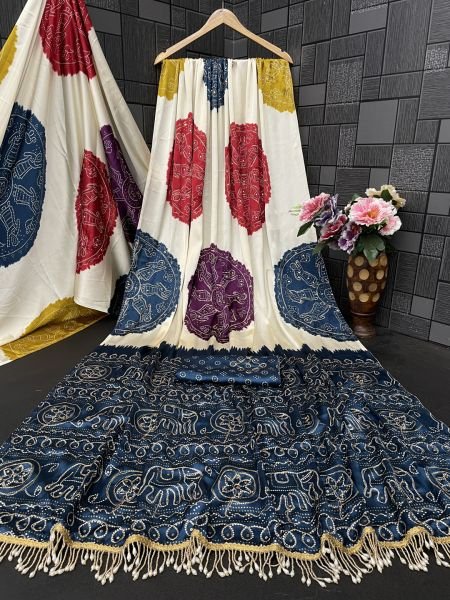 Premium Satin Silk Bandhani Print Saree with Contrast Border Saree