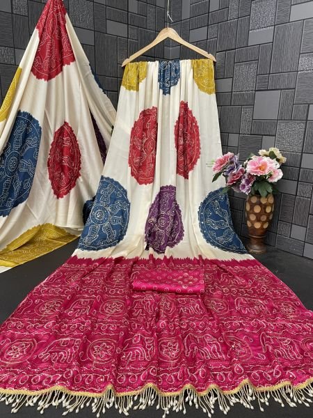 Premium Satin Silk Bandhani Print Saree with Contrast Border Saree