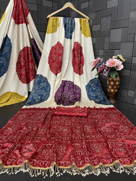 Premium Satin Silk Bandhani Print Saree with Contrast Border Saree