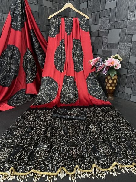 Premium Satin Silk Bandhani Print Saree with Contrast Border Saree