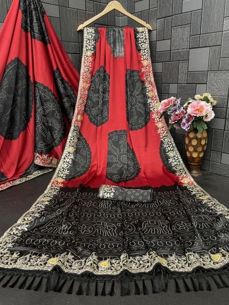 Premium Satin Silk Celebration Saree  Intricate Embroidery   Bandhani Moti Saree