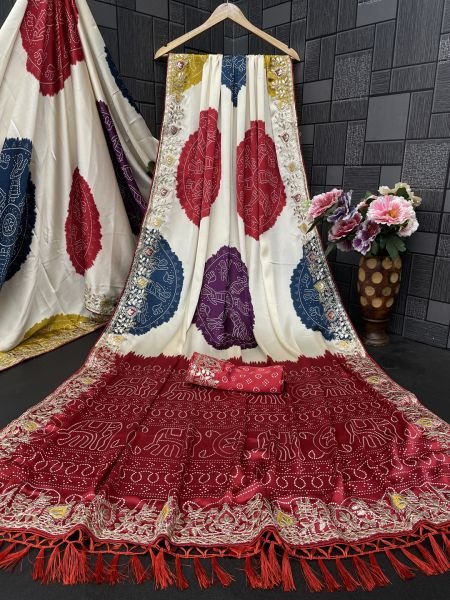 Premium Satin Silk Celebration Saree  Intricate Embroidery   Bandhani Moti Saree