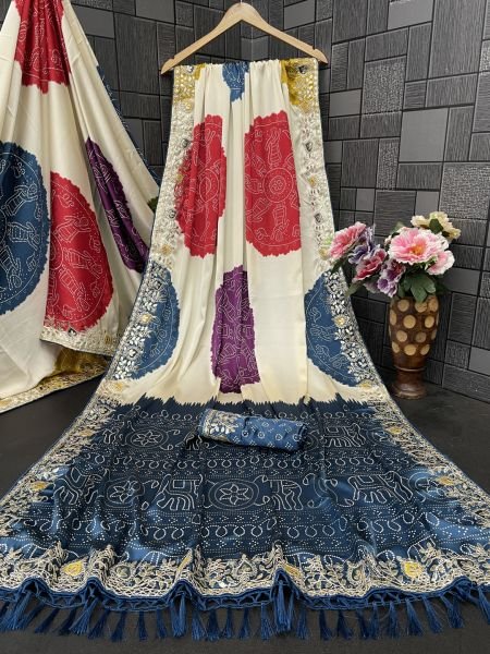 Premium Satin Silk Celebration Saree  Intricate Embroidery   Bandhani Moti 