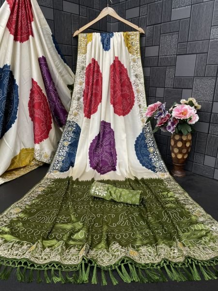 Premium Satin Silk Celebration Saree  Intricate Embroidery   Bandhani Moti Saree