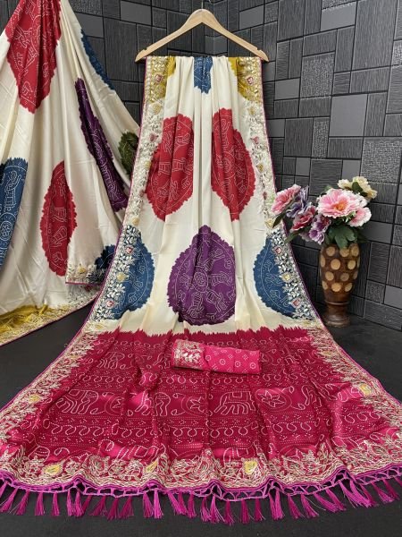 Premium Satin Silk Celebration Saree  Intricate Embroidery   Bandhani Moti Saree
