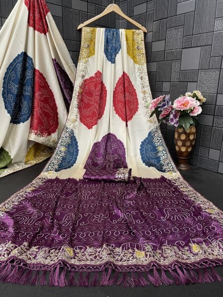 Premium Satin Silk Celebration Saree  Intricate Embroidery   Bandhani Moti Saree