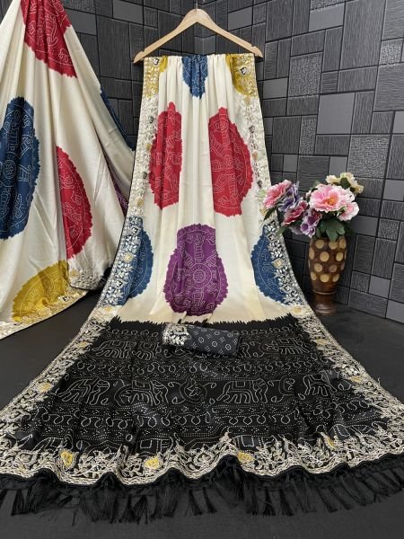 Premium Satin Silk Celebration Saree  Intricate Embroidery   Bandhani Moti Saree