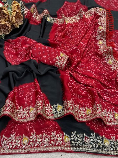 Premium Satin Silk Celebration Saree  Intricate Embroidery   Bandhani Moti