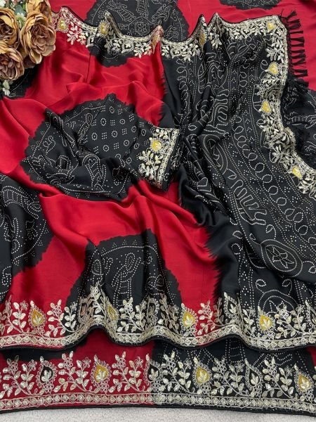 Premium Satin Silk Celebration Saree  Intricate Embroidery   Bandhani Moti