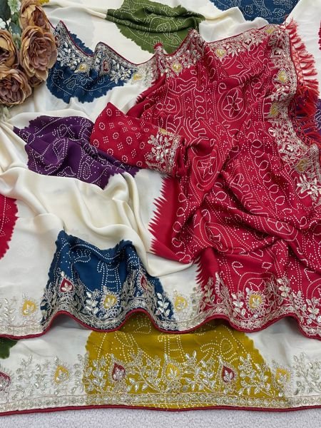 Premium Satin Silk Celebration Saree  Intricate Embroidery   Bandhani Moti